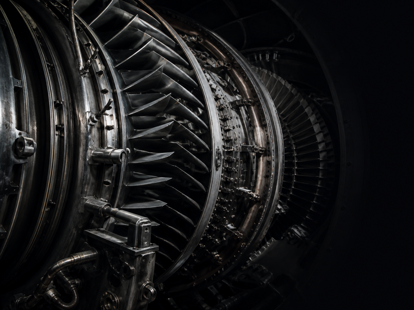 Close view of aerospace turbine blades and engine internals during inspection